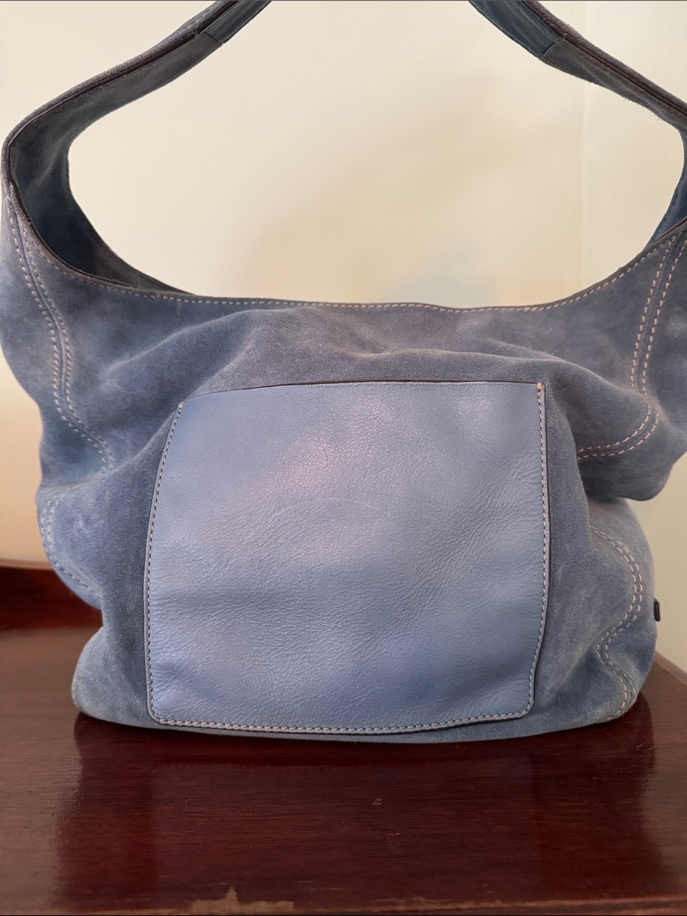 Michael Kors Lena Large Light Blue Suede and Leather Shoulder Bag